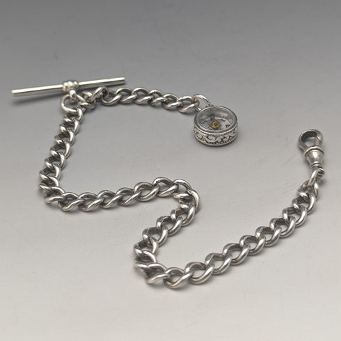 Circa 1890 British Antique Sterling Silver Albert Chain 25g Sterling Silver Compass Fob